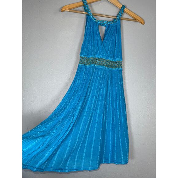 Vintage Y2K Halter Going Out Dress Women XS Empire Waist Aqua Mermaid Shimmer - Picture 3 of 6
